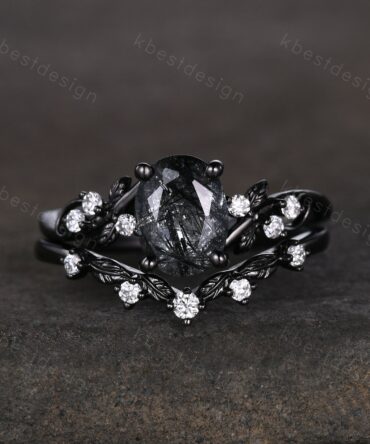 Vintage Oval Black Rutilated Quartz Engagement Ring Set,Black Gold,Branch Leaf Stacking Band,Women Bridal Set,Unique Twig Moissanite Rings