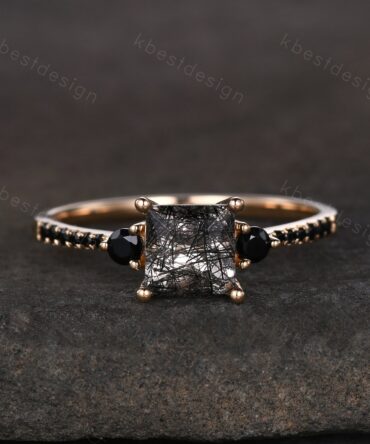 Princess Cut Natural Black Rutilated Quartz Engagement Ring Unique Black Spinel Ring Solid 14K Yellow Ring Three stone ring Promise Ring
