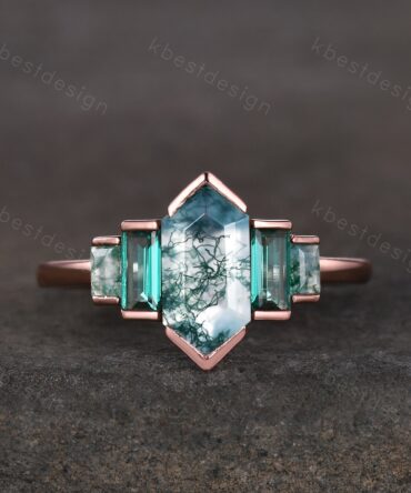 Hexagon cut Moss Agate ring Unique Rose gold engagement ring Baguette Emerald ring Bezel set ring Vintage Bridal wedding anniversary ring