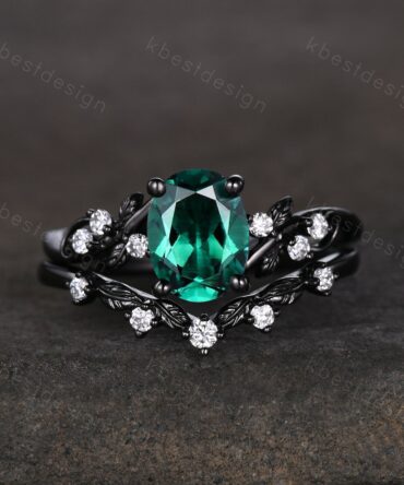 Oval cut green emerald engagement ring set black gold twig leaf engagement ring nature inspired wedding ring art deco moissanite ring set
