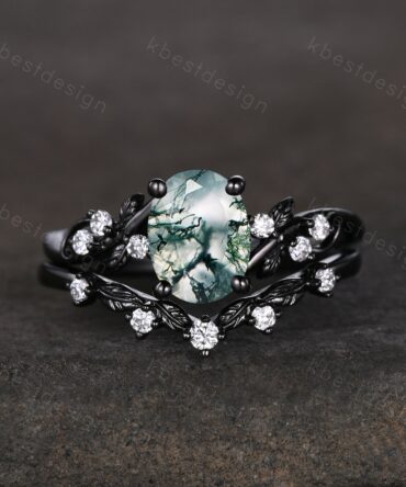 Vintage oval moss agate engagement ring set black gold twig leaf moissanite ring nature branch ring unique art deco bridal wedding ring set