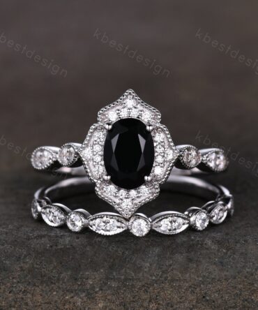 Antique black onyx engagement ring sterling silver ring art deco stacking matching band oval shaped bridal set unique moissanite wedding set