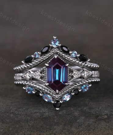 Vintage Alexandrite engagement ring Set Unique art deco milgrain engagement ring Double curved Black Spinel wedding band Promise Ring set