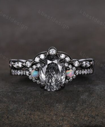Oval cut Black Rutilated Quartz Engagement Ring Set Vintage Rhodium Black Gold Ring Art Deco Curved Stacking Band Unique Moissanite Ring Set