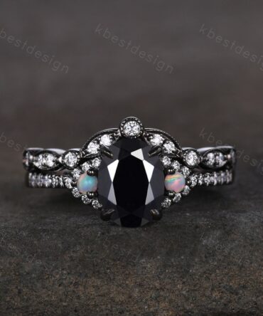 Vintage oval cut black onyx engagement ring unique rhodium black gold moissanite wedding ring set art deco bridal promise ring