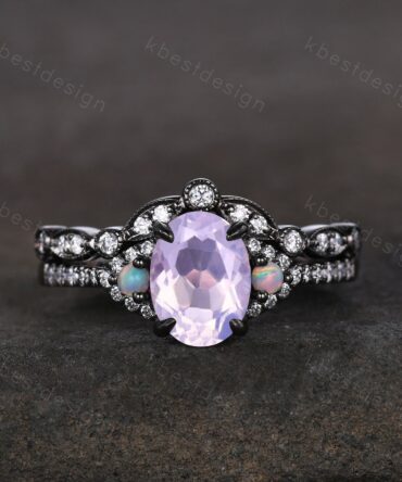 Vintage Black Gold Lavender Amethyst Engagement Ring Unique Art Deco Amethyst Ring For Women Antique Moissanite Stacking Wedding Ring Set