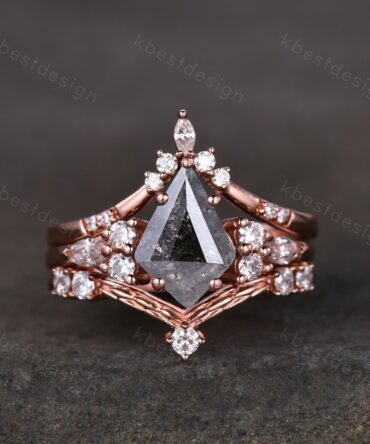 Vintage salt and pepper diamond engagement ring rose gold rings art deco curved moissanite stacking band hexagon shaped bridal wedding set