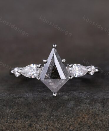 Kite cut salt and pepper diamond engagement ring unique pear moissanite wedding ring 14k white gold five stone ring vintage promise ring
