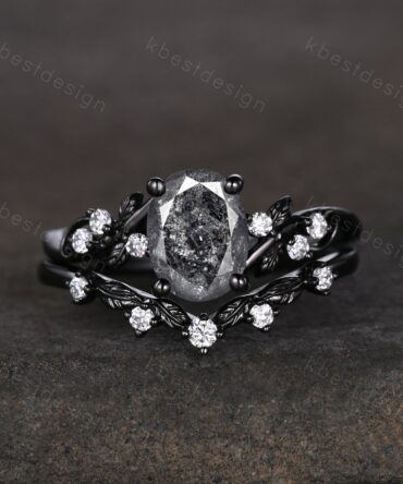 Vintage oval salt and pepper diamond engagement ring set black gold twig leaf moissanite branch ring unique art deco bridal wedding ring set