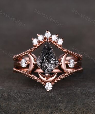 Antique black rutilated quartz engagement ring unique moon goddess ring art deco curved stacking band kite cut bridal moissanite wedding set