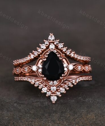 3PCS Vintage black onyx engagement ring rose gold ring art deco curved stacking band pear shaped bridal set unique moissanite wedding set