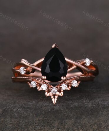 Twig black onyx engagement ring set rose gold ring art deco curved stacking band pear shaped bridal set unique moissanite wedding ring set