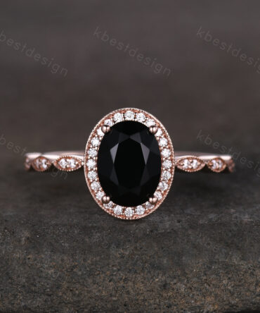 Oval cut black onyx engagement ring rose gold ring unique art deco halo engagement ring half eternity moissanite wedding ring promise ring