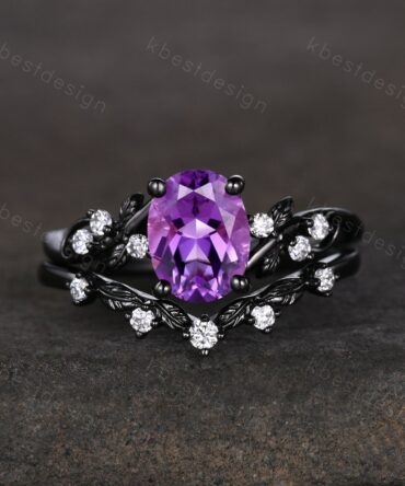Vintage amethyst engagement ring set black gold twig leaf moissanite ring oval cut bridal ring set unique art deco promise anniversary ring