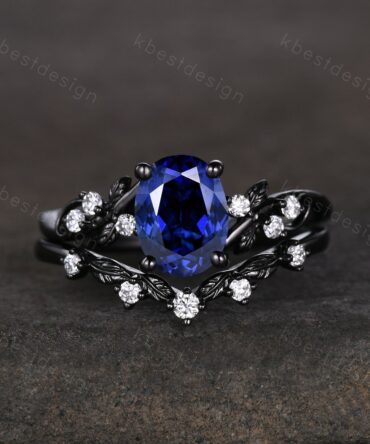 Vintage oval sapphire engagement ring set black gold twig leaf moissanite ring September ring unique art deco bridal wedding ring set