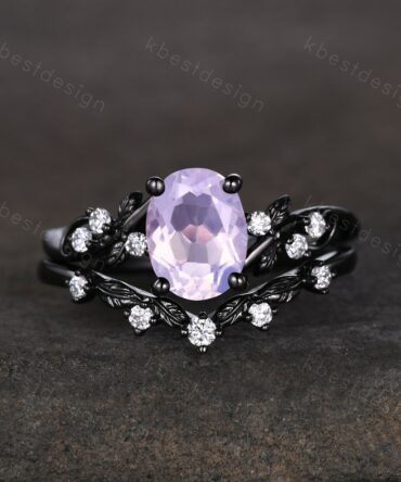 Oval cut Lavender Amethyst Engagement Ring Set Black Gold Rings Unique Art Deco Amethyst Ring For Women Twig Leaf Moissantie Wedding Ring