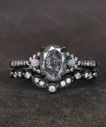 Vintage oval salt and pepper diamond engagement ring set black gold moissanite stacking wedding band unique art deco bridal wedding ring set