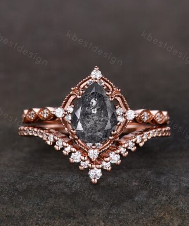 Vintage salt and pepper diamond engagement ring rose gold ring art deco curved stacking band pear shaped bridal set unique moissanite rings