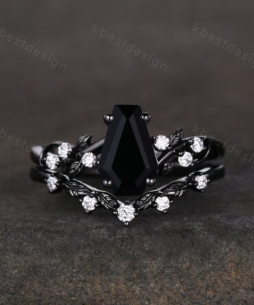 Vintage coffin cut black onyx engagement ring set black gold twig leaf moissanite ring nature branch ring unique bridal wedding ring set