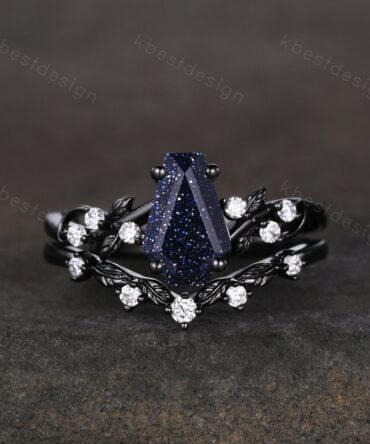 Coffin cut blue sandstone engagement ring set black gold twig leaf moissanite ring nature branch ring unique bridal wedding ring set