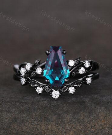 Vintage coffin Alexandrite engagement ring set black gold twig leaf moissanite ring color changing stone ring unique bridal wedding ring set