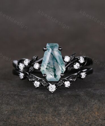 Vintage coffin moss agate engagement ring set black gold twig leaf moissanite ring natural green agate ring unique bridal wedding ring set