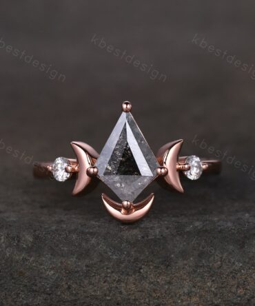 Vintage Salt and Pepper Diamond Engagement Ring Rose Gold Kite cut Black Diamond Ring Unique Moon Goddess Ring Art Deco Bridal Promise Ring