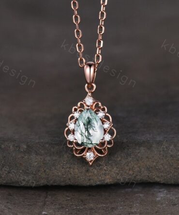 Pear cut natural moss agate necklace vintage women rose gold necklace pear cut green agate pendant unique art deco bridal promise gift