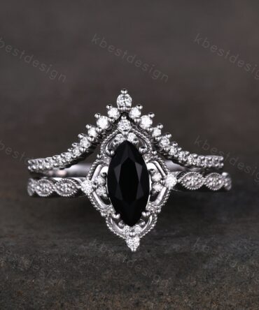 Vintage black onyx engagement ring silver gold ring art deco curved stacking band marquise cut bridal set unique moissanite wedding set