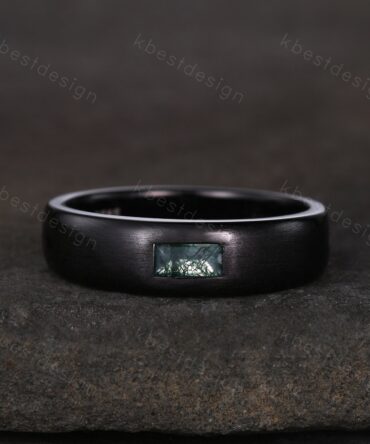 Mens Moss agate Wedding Band Baguette Cut Green Agate Band 5mm Black Gold Men's Stacking Matching Band Brushed Finish Band Gift for Him