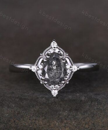 Pear Cut Salt and Pepper Diamond Engagement Ring Unique Art Deco Moissanite Ring 14K White Gold Ring Black Gemstone ring Bridal Promise Ring
