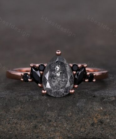 Pear Shaped Salt and Pepper Diamond Engagement Ring Unique Black Spinel Cluster Ring Rose Gold Marquise cut Ring Black Stone Promise Ring