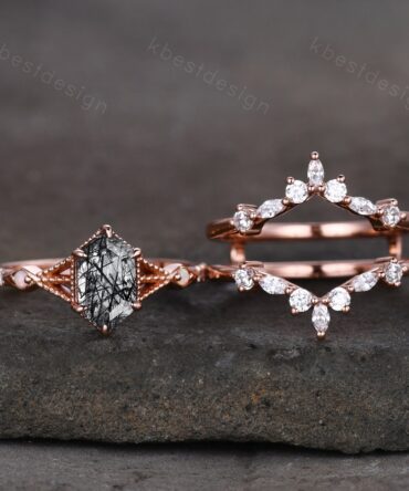 Antique Black Rutilated Quartz Engagement Ring Set Hexagon cut Engagement Ring Unique Art Deco Moissanite Stacking Band Bridal Promise Set