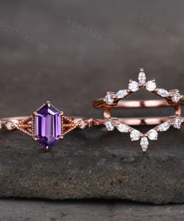 Antique Amethyst Engagement Ring Set Rose Gold Hexagon cut Engagement Ring Unique Art Deco Moissanite Stacking Band Bridal Promise Set