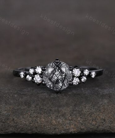 Round Cut Black Rutilated Quartz Engagement Ring Black Gold Ring Unique Moissanite Cluster Ring Women Black Gemstone Ring Anniversary Ring