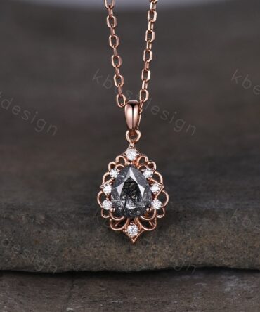 Vintage 1.5CT Black Rutilated Quartz Necklace, Rose Gold Pear cut Pendant, Black Gemstone Jewelry, Unique Art Deco Bridal Promise Gift