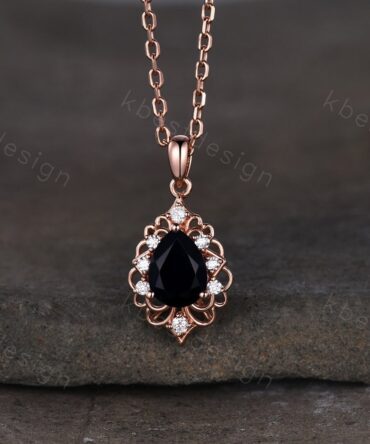 Vintage 1.5CT Black Onyx Necklace, Rose Gold Pear cut Black Onyx Pendant, Black Gemstone Jewelry, Unique Art Deco Bridal Promise Gift