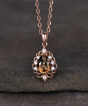 Vintage Smoky Quartz Necklace, Rose Gold Pear cut Brown Quartz Pendant, Natural Crystal Jewelry, Unique Art Deco Bridal Promise Gift