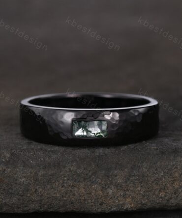 Mens Natural Moss agate Wedding Band 5mm Black Gold Band Baguette Cut Green Agate Band Men's Hammered Wedding Band Anniversary Gift for Him