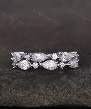 Vintage Moissanite wedding band women Pear cut Half eternity band Sterling silver wedding band Unique Stacking Matching bridal promise ring