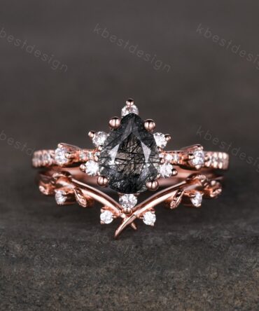 Pear cut black rutilated quartz engagement ring rose gold ring art deco twig leaf stacking band branch ring unique moissanite wedding set