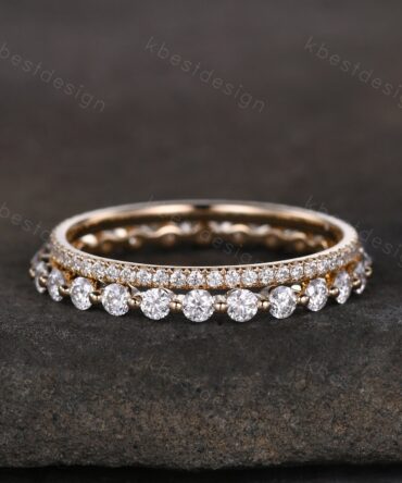 2PCS Moissanite wedding band set women 2mm Round cut eternity band Yellow gold wedding band Unique Stacking Matching anniversary ring gift