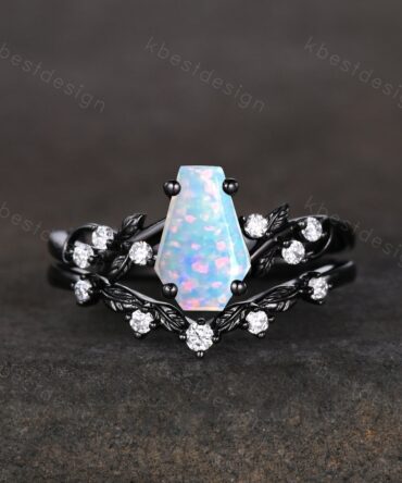 Vintage coffin white opal engagement ring set black gold twig leaf moissanite ring October birthstone ring unique bridal wedding ring set