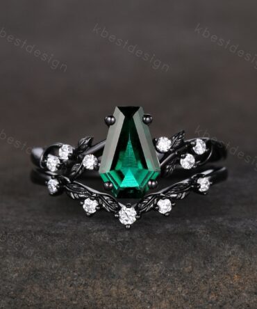 Vintage coffin green emerald engagement ring set black gold twig leaf moissanite ring May birthstone ring unique bridal wedding ring set