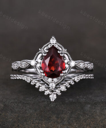 Vintage garnet engagement ring silver ring art deco curved stacking band pear cut bridal set unique moissanite wedding set anniversary gift