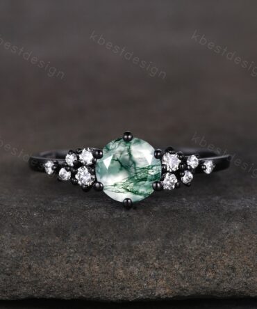Vintage round moss agate engagement ring black gold ring unique art deco moissanite cluster ring natural moss agate ring bridal promise ring