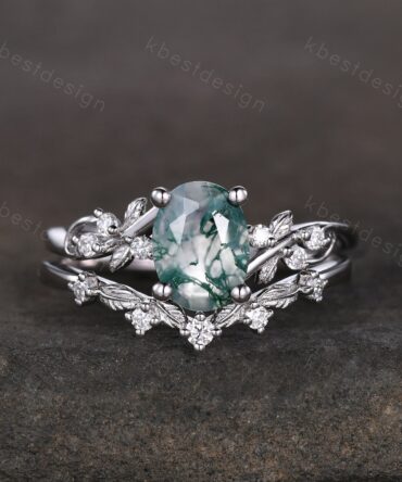 Vintage oval moss agate engagement ring set silver ring twig leaf moissanite ring nature branch ring unique art deco bridal wedding ring set