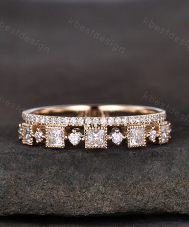 2mm princess cut Moissanite wedding band yellow gold milgrain bezel set wedding band art deco stacking matching band unique anniversary gift