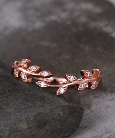 Delicate Moissanite wedding band rose gold curved matching band twig leaf Stacking band olive branch engagement ring bridal anniversary ring