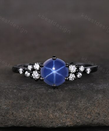 Vintage star sapphire engagement ring black gold ring unique art deco moissanite cluster ring blue sapphire ring bridal promise ring